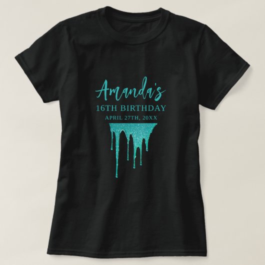 Modern Blauwgroen Glitter Drips Sweet 16 Verjaarda T-shirt (Design voorkant)