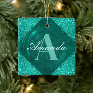 Modern Blauwgroen Glitter Girly Monogram Keramisch Ornament