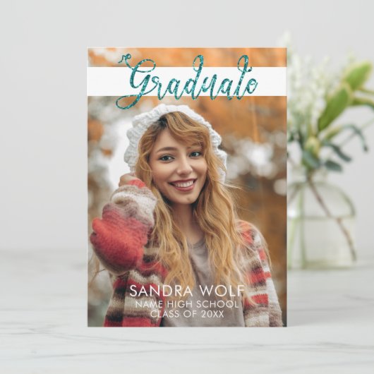 Modern Blauwgroen Glitter Script Foto Afstuderen Kaart (Staand voorkant)