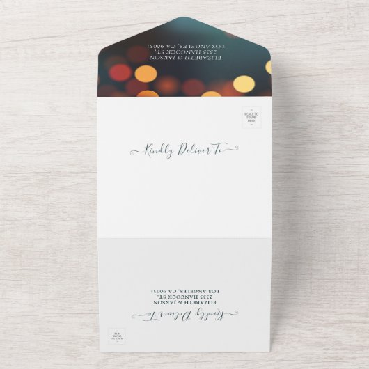 Modern Blauwgroen Gold Bokeh String Lights Wedding All In One Uitnodiging (Buitenkant)