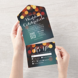 Modern Blauwgroen Gold Bokeh String Lights Wedding All In One Uitnodiging