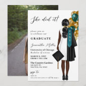 Modern Blauwgroen goud foto ze deed het Afstuderen Kaart (Voorkant / Achterkant)