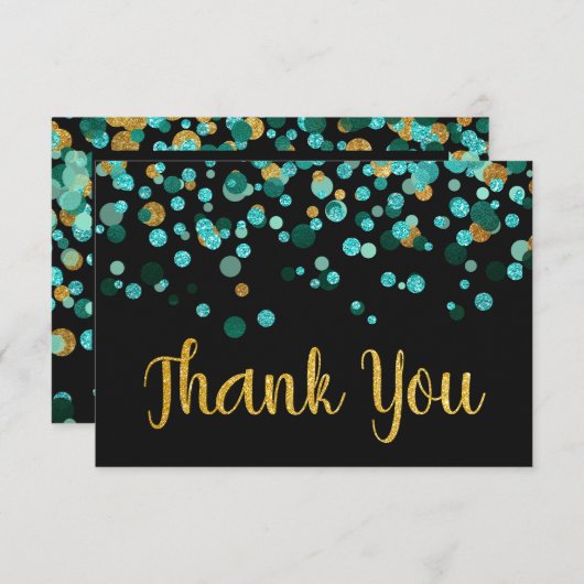 Modern Blauwgroen Goud Glitter Confetti Zwart Dank Bedankkaart (Voorkant / Achterkant)