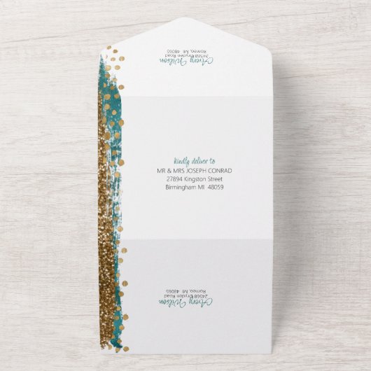 Modern Blauwgroen Goud Sparkle Kalligrafie Bruilof All In One Uitnodiging (Buitenkant)