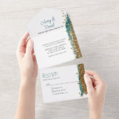 Modern Blauwgroen Goud Sparkle Kalligrafie Bruilof All In One Uitnodiging (Afscheurbaar)