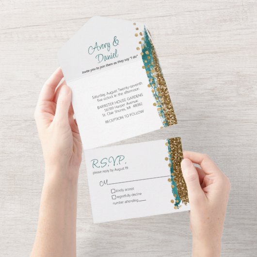 Modern Blauwgroen Goud Sparkle Kalligrafie Bruilof All In One Uitnodiging (Afscheurbaar)