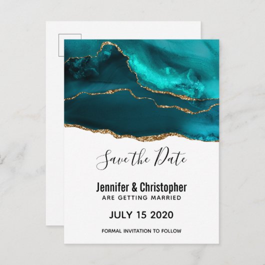 Modern Blauwgroen Goud & Wit Agaat Save the Date Uitnodiging Briefkaart (Voorkant / Achterkant)