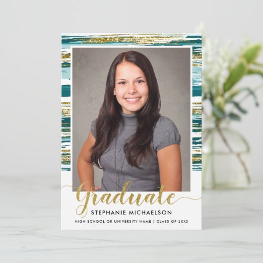 Modern Blauwgroen goudpenseel Afstuderen Slag pens Aankondiging (Staand voorkant)