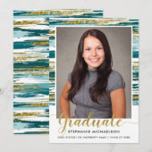 Modern Blauwgroen goudpenseel Afstuderen Slag pens Aankondiging (Voorkant / Achterkant)