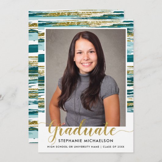 Modern Blauwgroen goudpenseel Afstuderen Slag pens Aankondiging (Voorkant / Achterkant)