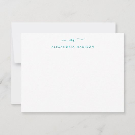 Modern Blauwgroen Groen Script Monogram Swash Stat Notitiekaartje (Voorkant)