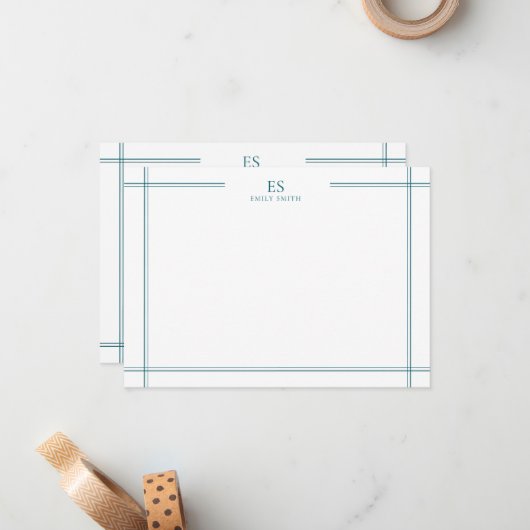 Modern Blauwgroen Line Border Monogram Notitiekaartje (Voorkant / Achterkant in situ)