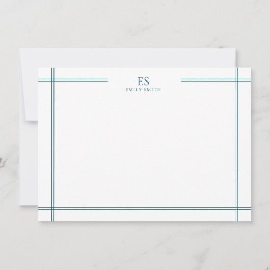 Modern Blauwgroen Line Border Monogram Notitiekaartje (Achterkant)