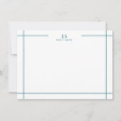 Modern Blauwgroen Line Border Monogram Notitiekaartje (Voorkant)