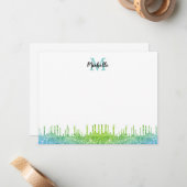 Modern Blauwgroen Ombre Glitter Strijdt Manuscript Notitiekaartje (Voorkant / Achterkant in situ)