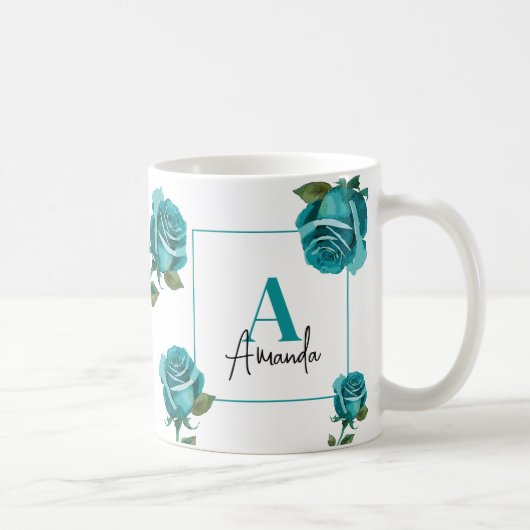 Modern Blauwgroen Roos Monogram Custom Moeder Koffiemok (Rechts)