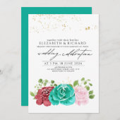 Modern Blauwgroen Roze Rood Bloemen Groen Bruiloft Kaart (Voorkant / Achterkant)
