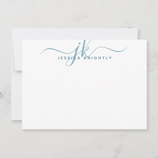 Modern Blauwgroen Script Monogram Initialen Minima Notitiekaartje (Voorkant)