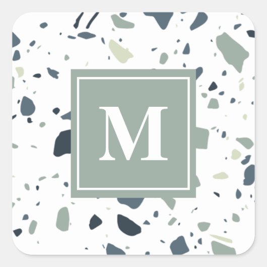 Modern Blauwgroen Terrazzo Marmeren Monogram Vierkante Sticker (Voorkant)