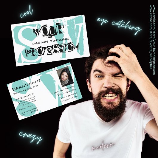 Modern Blauwgroen wit zwart met foto en monogram Visitekaartje