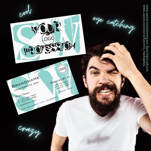 Modern Blauwgroen wit zwart met Logo en monogram Visitekaartje