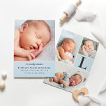 Modern Bleek Blauw Baby Jongen Fotocollage Geboort Aankondiging<br><div class="desc">Eenvoudig elegante foto geboorte aankondigingskaart om uw knappe pasgeboren baby boy te introduceren beschikt over vier (4) fotoruimtes, stijlvolle donkergrijze / zachte zwarte tekst, en een monogram initiaal dat allemaal kan worden gepersonaliseerd voor uw lieve kleine man. De tekst en de zachte blauwe/grijze achtergrondkleur op dit tweezijdige fotokaartontwerp kunnen worden...</div>