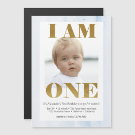 Modern Bleek Blauw + Gold Foto 1st Birthday Magnetische Uitnodiging