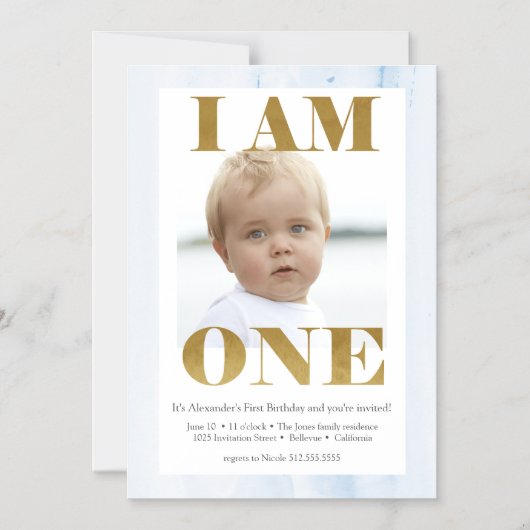 Modern Bleek Blauw + Gold Foto 1st Birthday Magnetische Uitnodiging (Voorkant)