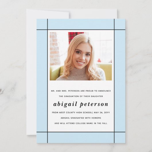 Modern bleek blauw Klasse van 2025 afstuderen foto Aankondiging (Achterkant)