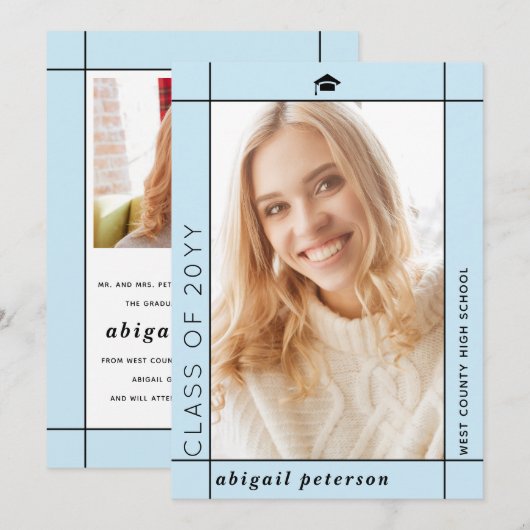 Modern bleek blauw Klasse van 2025 afstuderen foto Aankondiging (Voorkant / Achterkant)