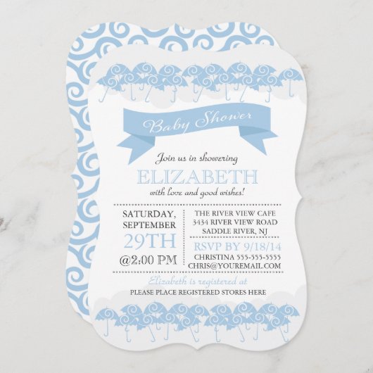 Modern Bleek Blauw Paraplu Baby shower Kaart (Voorkant / Achterkant)