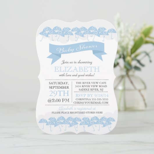 Modern Bleek Blauw Paraplu Baby shower Kaart (Staand voorkant)