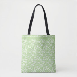 Modern Bleek Lime Green Tropical Flowers Monogram Tote Bag