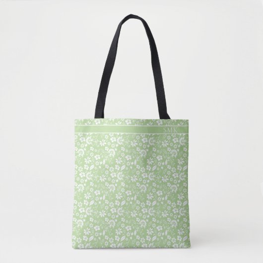 Modern Bleek Lime Green Tropical Flowers Monogram Tote Bag (Voorkant)