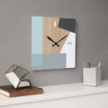 Modern Block Stripes Pattern Art over Faux Woodgra Vierkante Klok<br><div class="desc">Moderne witte, donkere en lichte grijze, en pastel bleke turquoise blauwgroen blauw groen blokpatroon op een lichtbeige kleurde faux-houten achtergrond. Klassieke retro-chic, elegant maar eenvoudig basisontwerp voor de artistieke home décor mode ontwerper, populaire hiphendsetter, grillig filmpje van de middeleeuwse stijl. Verkrijgbaar op originele, klastige, leuke en trendy interieuraccenten & accessoires...</div>