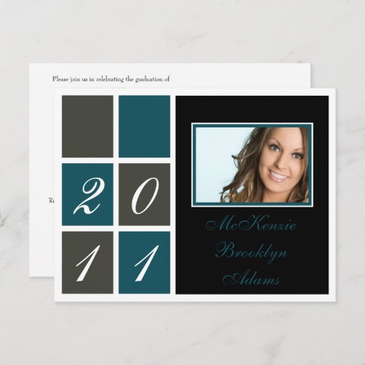 Modern Blocks Afstuderen (blauwgroen) Uitnodiging Briefkaart (Voorkant / Achterkant)