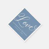 Modern bloeiend script, liefde, stoffig blauw servet (Hoek)