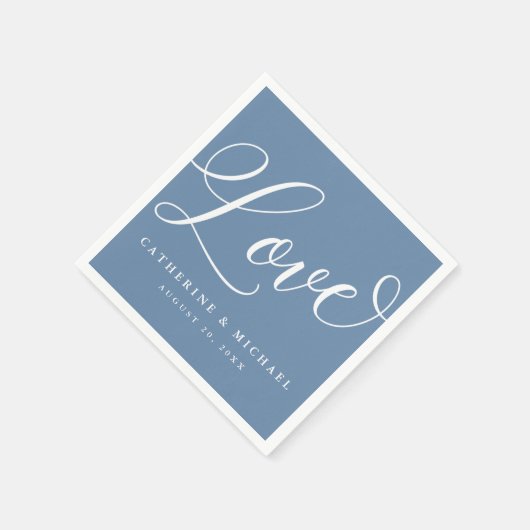 Modern bloeiend script, liefde, stoffig blauw servet (Hoek)