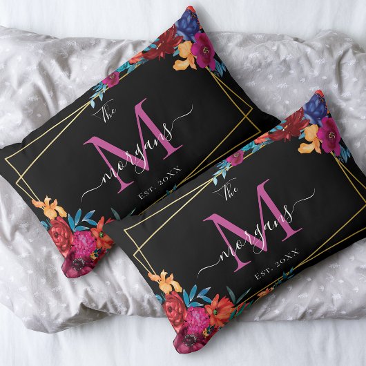 Modern Bloem Initialen Zwarte Bruiloft Kussen