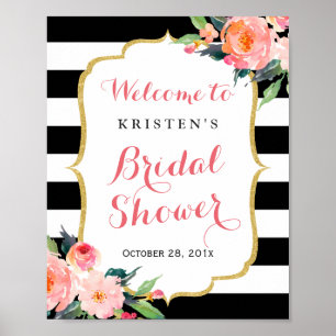 Modern Bloem Zwart Strepen Bruidsfeest Bord Poster