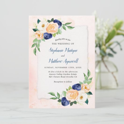 Modern Bloemblauw Koraal Waterverf bruiloft Kaart (Staand voorkant)