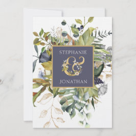 Modern Bloemen Blauw & Groen w Ampersand Bruiloft Kaart