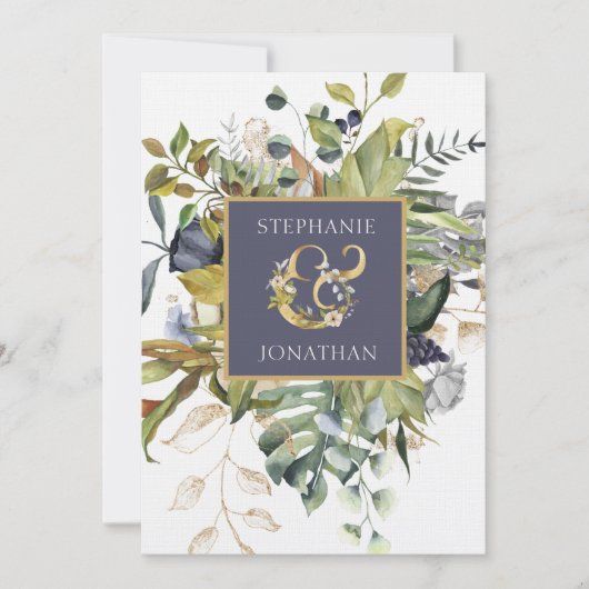 Modern Bloemen Blauw & Groen w Ampersand Bruiloft Kaart (Voorkant)