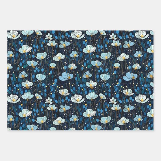 Modern Bloemen Donkerblauw Poppy Patroon Inpakpapier Vel (Voorkant 3)