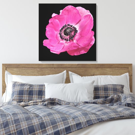 Modern Bloemen Levendig Helder Roze Poppy Zwart Canvas Afdruk (Insitu (Slaapkamer))