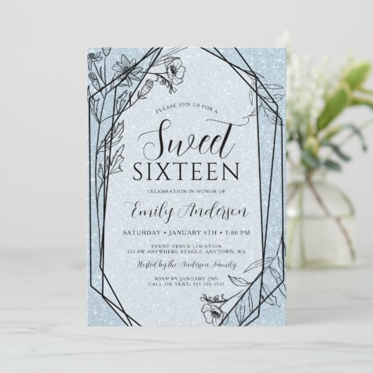 Modern Bloemen Stoffig Blauw Glitter Zoet 16 Kaart (Staand voorkant)