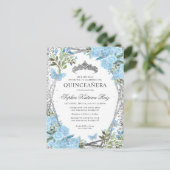 Modern Bloemen Stoffig Blauw Zilver Tiara Quinceañ Briefkaart (Staand voorkant)