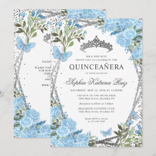 Modern Bloemen Stoffig Blauw Zilver Tiara Quinceañ Kaart (Voorkant / Achterkant)
