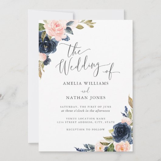 Modern Bloemen Waterverf Blush Navy Wedding Kaart (Voorkant)