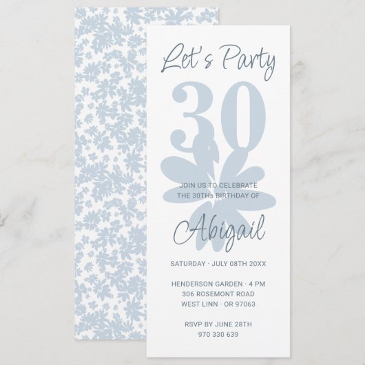 Modern Bloemenblauw 30ste verjaardag uitnodiging (Voorkant / Achterkant)